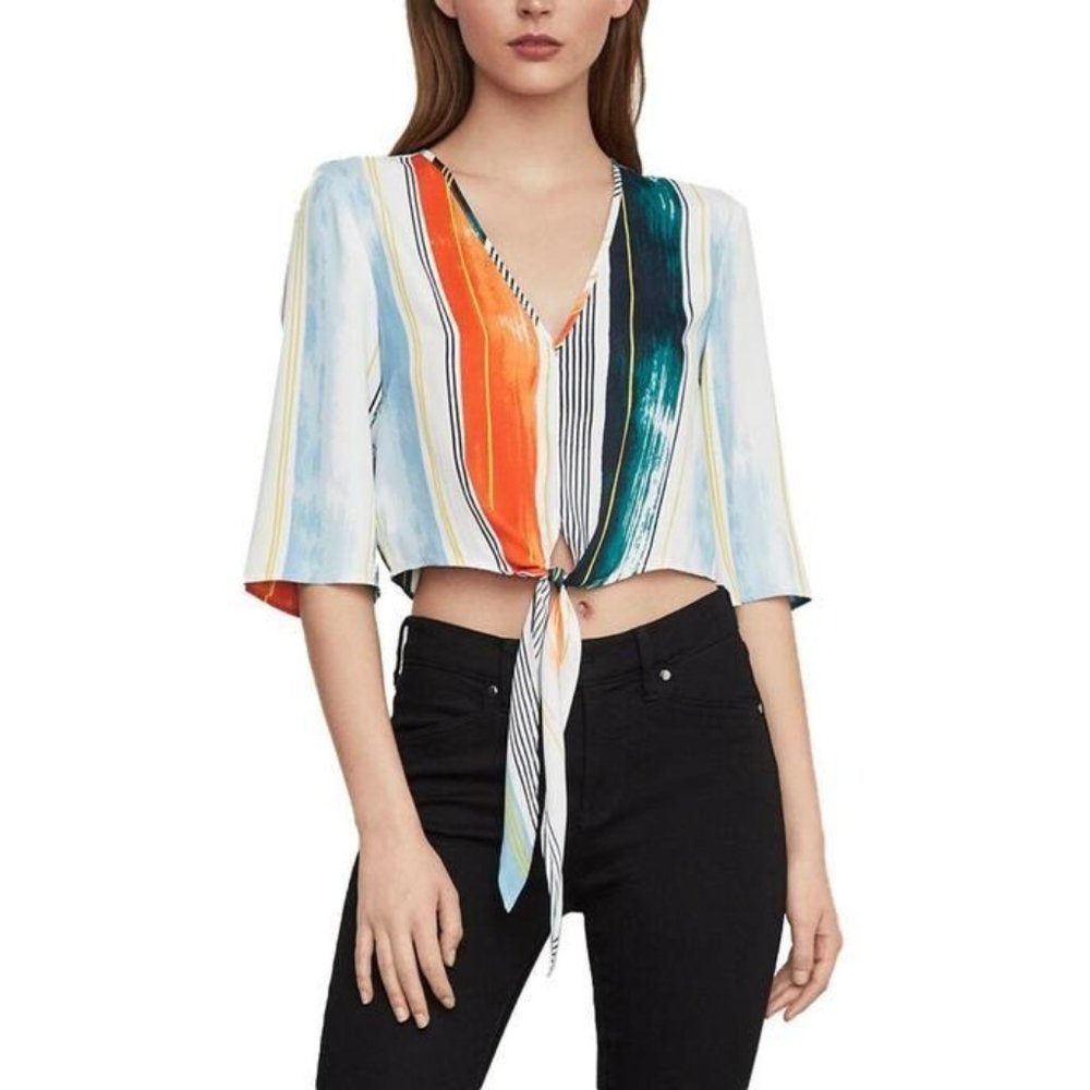 Womens NWT BCBGMAXAZRIA Stripe Tie Front Crop Top